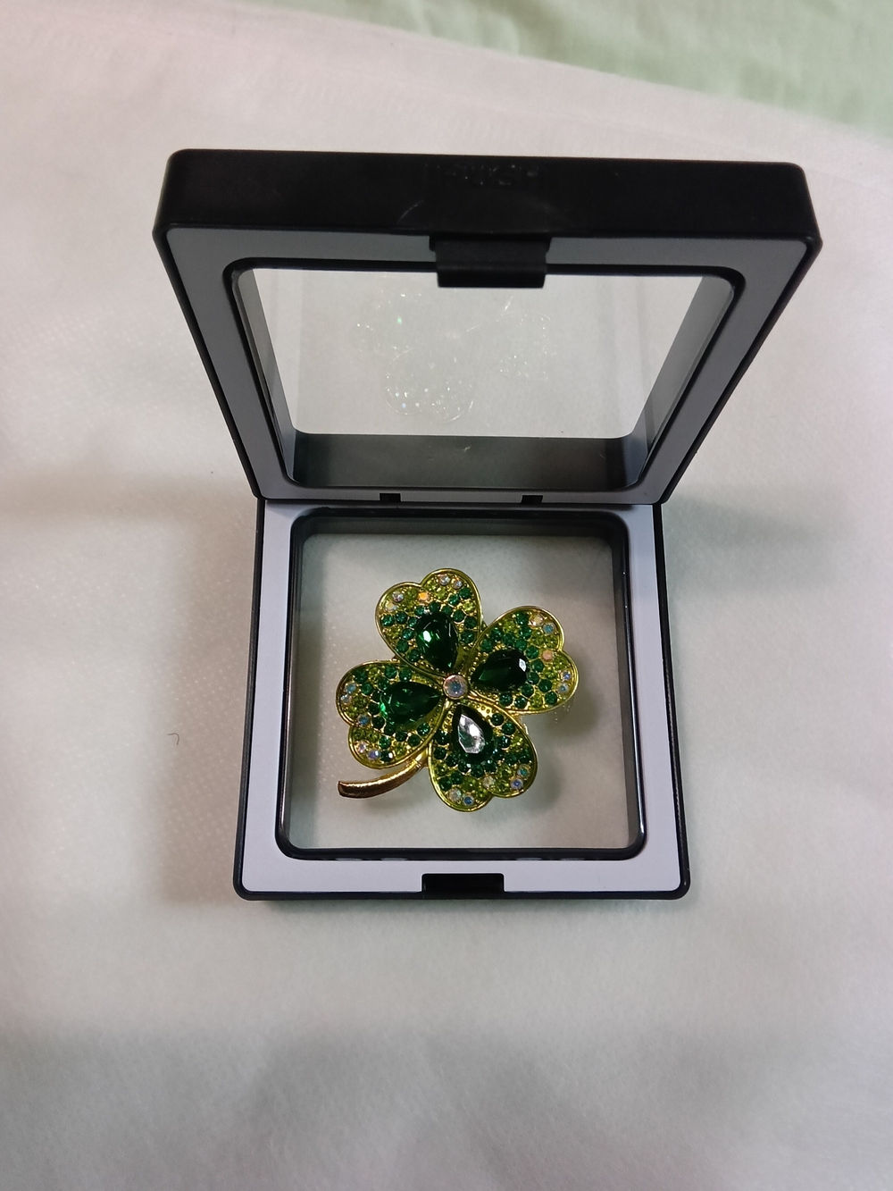 Green 4-Leaf Clover Crystal Brooch - Gold Tone Women Jewelry
